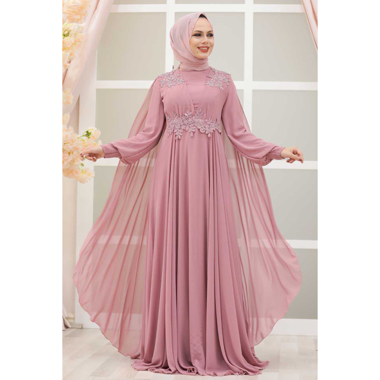 Muslim  bridal  wedding dress with hijab long sleeve lace pink islamic wedding dress