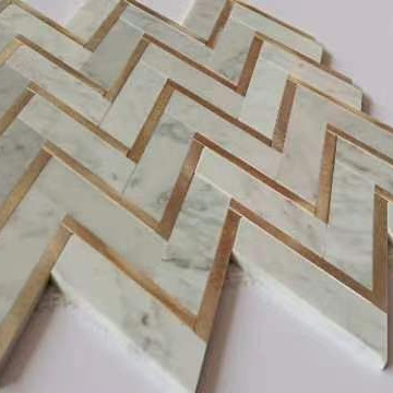 Century Mosaic Stone Carrara Marble mixed Brass Chevron Herringbone Mosaic White Gold Kitchen Backsplash Wall Mosaic Tile