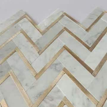 Century Mosaic Stone Carrara Marble mixed Brass Chevron Herringbone Mosaic White Gold Kitchen Backsplash Wall Mosaic Tile