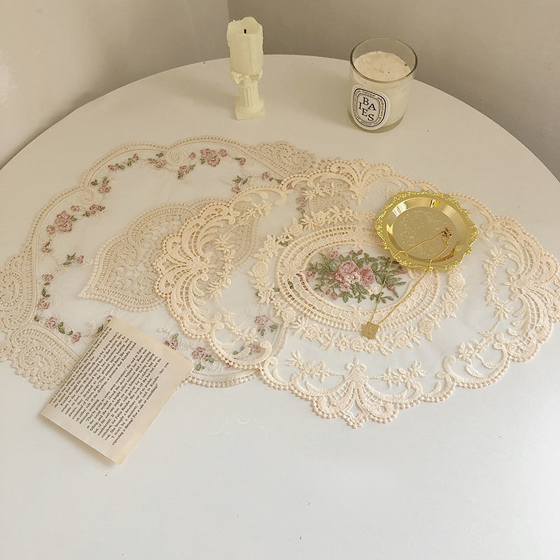 Custom White Beige Lace Embroidery Table Place Mat Round Pad Cloth Placemat Cup Mug Cookware Coaster Napkin Doily Kitchen