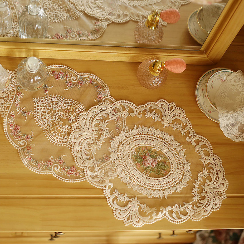 Custom White Beige Lace Embroidery Table Place Mat Round Pad Cloth Placemat Cup Mug Cookware Coaster Napkin Doily Kitchen