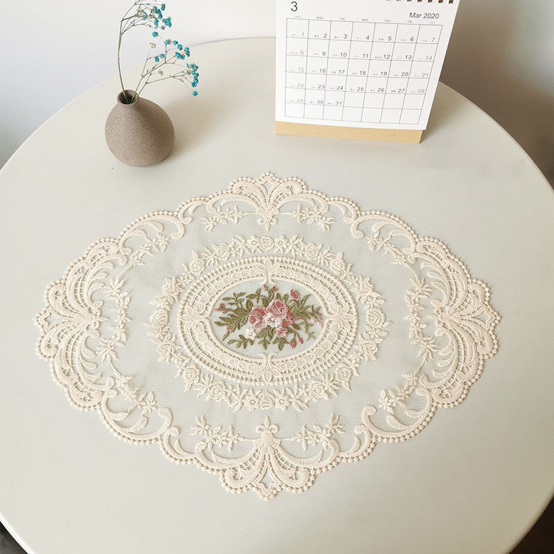 Custom White Beige Lace Embroidery Table Place Mat Round Pad Cloth Placemat Cup Mug Cookware Coaster Napkin Doily Kitchen