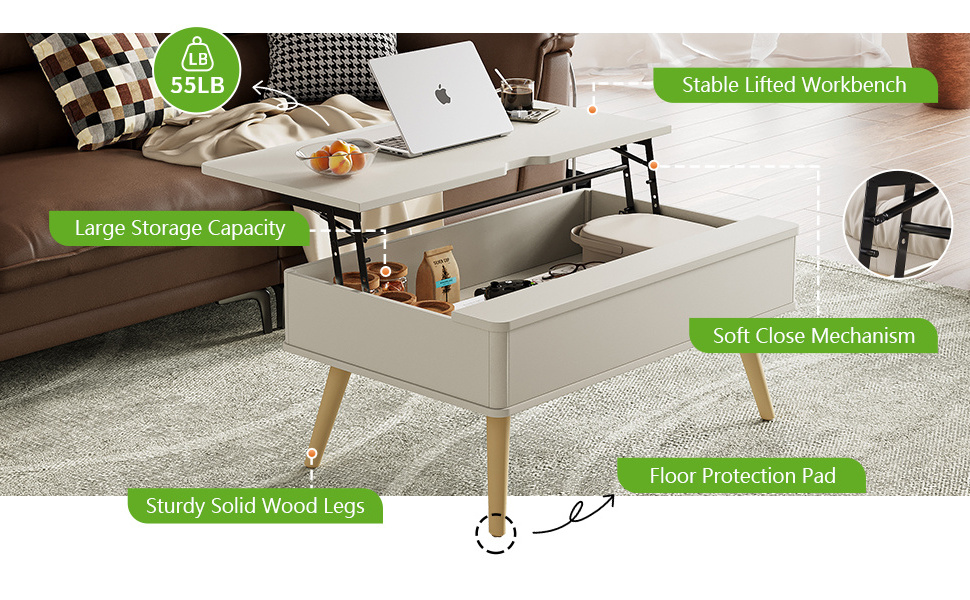 White Coffee Table, Multifunctional Lift Top Center Table with Storage, the Elegant Design Furniture of Living Room