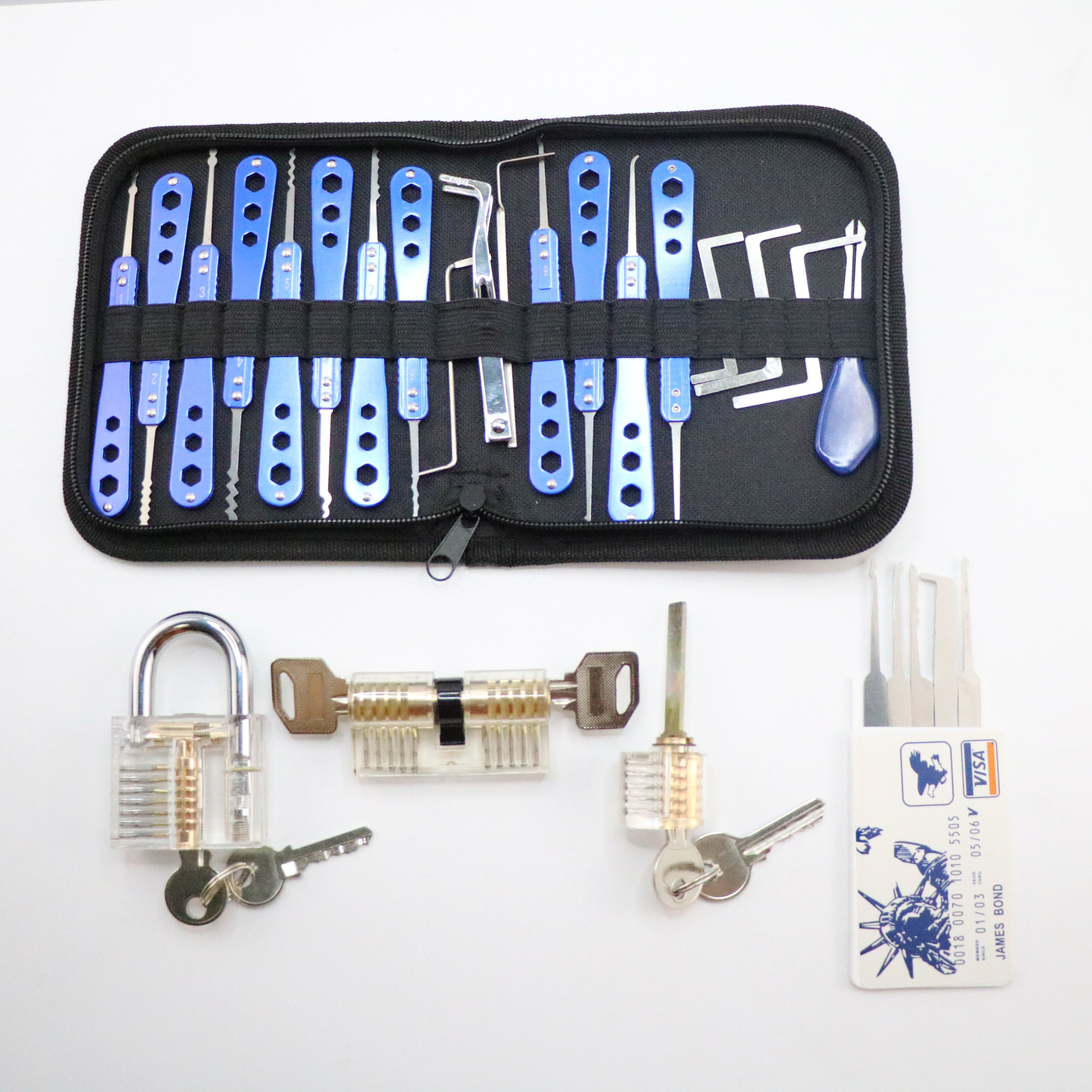 Locksmiths Beginner  three Transparent practice Locks and Credit Card 19pcs Lock Pick Tools Set