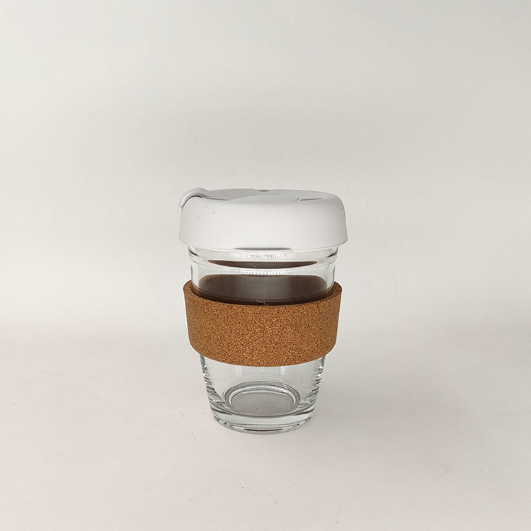 Eco Friendly Reusable Heat Resistant 350ml 450ml Glass Coffee Cup Mug with Silicone Lid Cap Cork Band