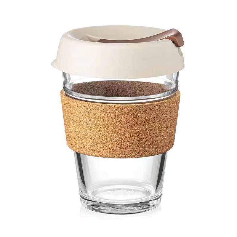 Eco Friendly Reusable Heat Resistant 350ml 450ml Glass Coffee Cup Mug with Silicone Lid Cap Cork Band