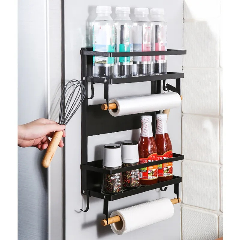 Magnetic Fridge Spice Shelf Rack Kitchen Refrigerator Side Shelf Wall Mount Storage Organizer Paper Towel Holder