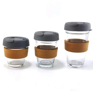 Eco Friendly Reusable Heat Resistant 350ml 450ml Glass Coffee Cup Mug with Silicone Lid Cap Cork Band