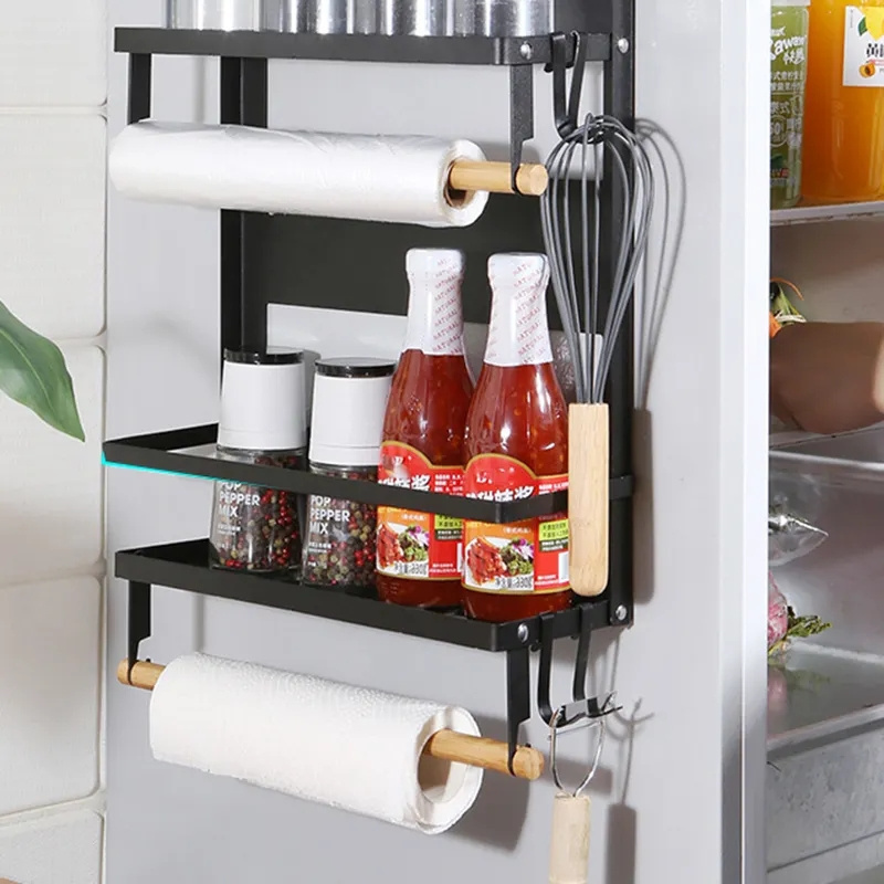 Magnetic Fridge Spice Shelf Rack Kitchen Refrigerator Side Shelf Wall Mount Storage Organizer Paper Towel Holder