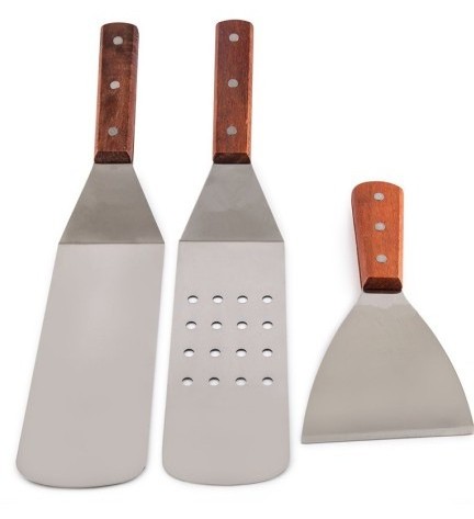 Hot selling 3 Piece Stainless Steel Utensil Set Griddle Spatula Scraper bbq spatula with wooden handle