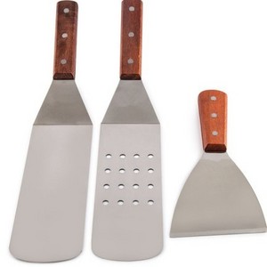 Hot selling 3 Piece Stainless Steel Utensil Set Griddle Spatula Scraper bbq spatula with wooden handle