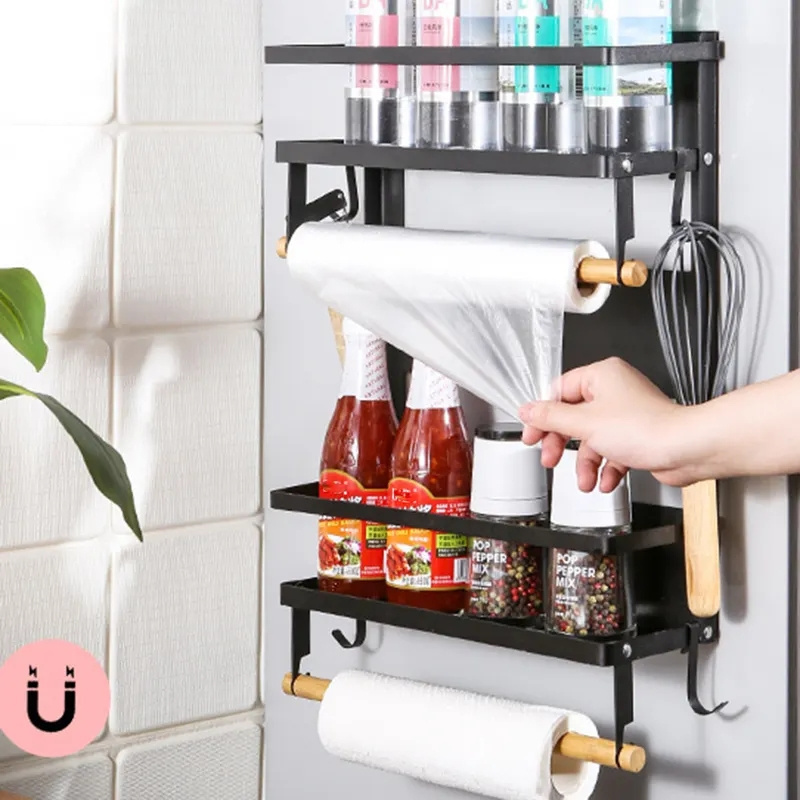 Magnetic Fridge Spice Shelf Rack Kitchen Refrigerator Side Shelf Wall Mount Storage Organizer Paper Towel Holder