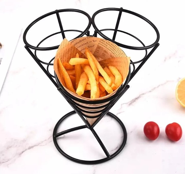 3 Cones Holder Stand French Fries Stand Cone Basket Fry Holder