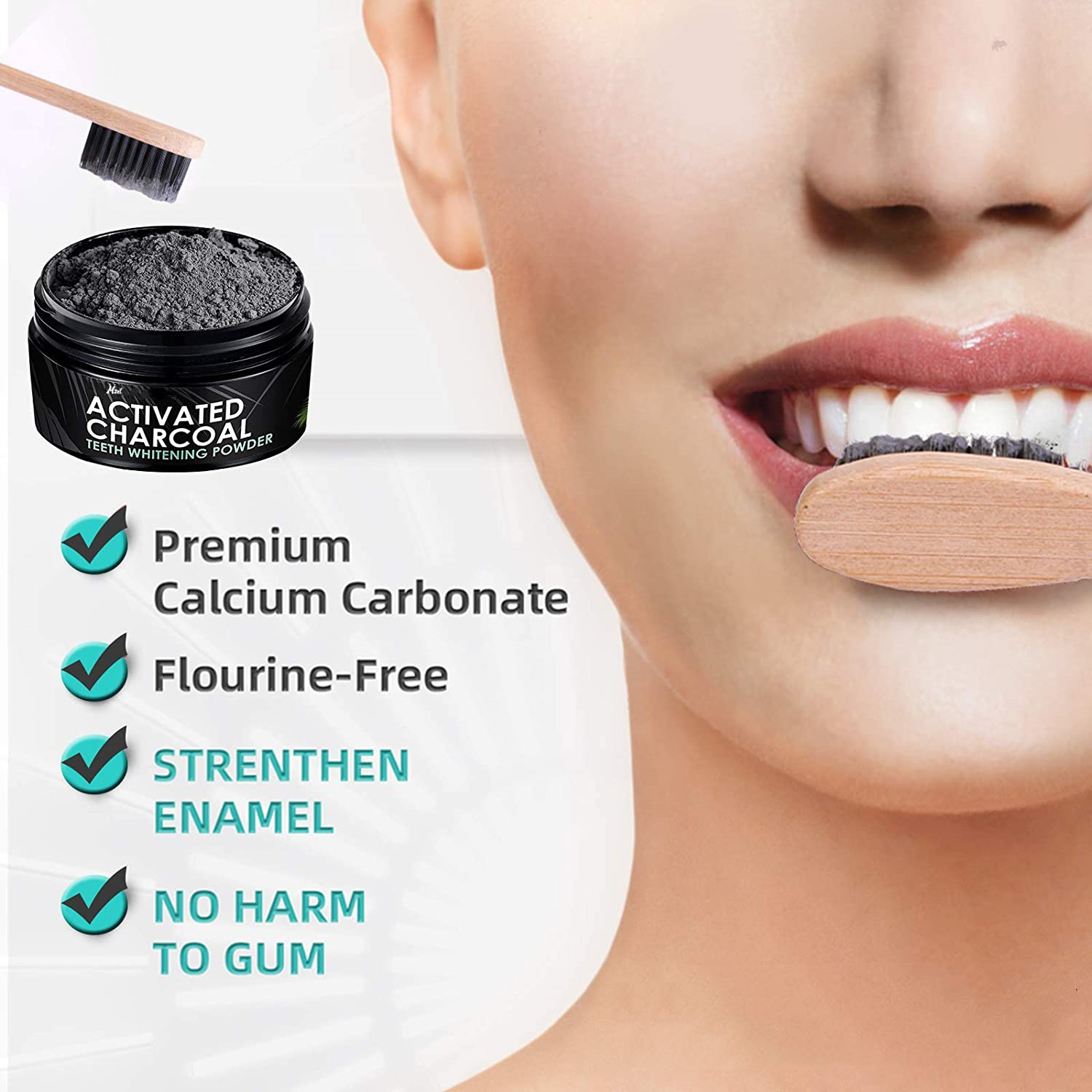 Private Label 100% Organic Natural Activated Charcoal Teeth Whitening Powder with Bamboo Toothbrush