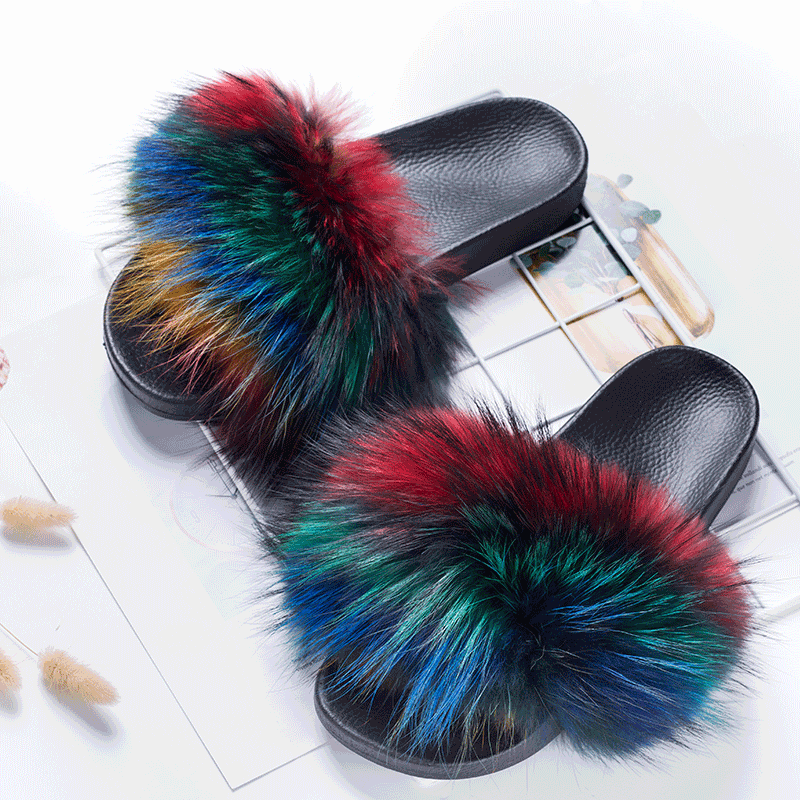 custom design logo raccoon fur women slipper and lady indoor real fox or milk fur sandals