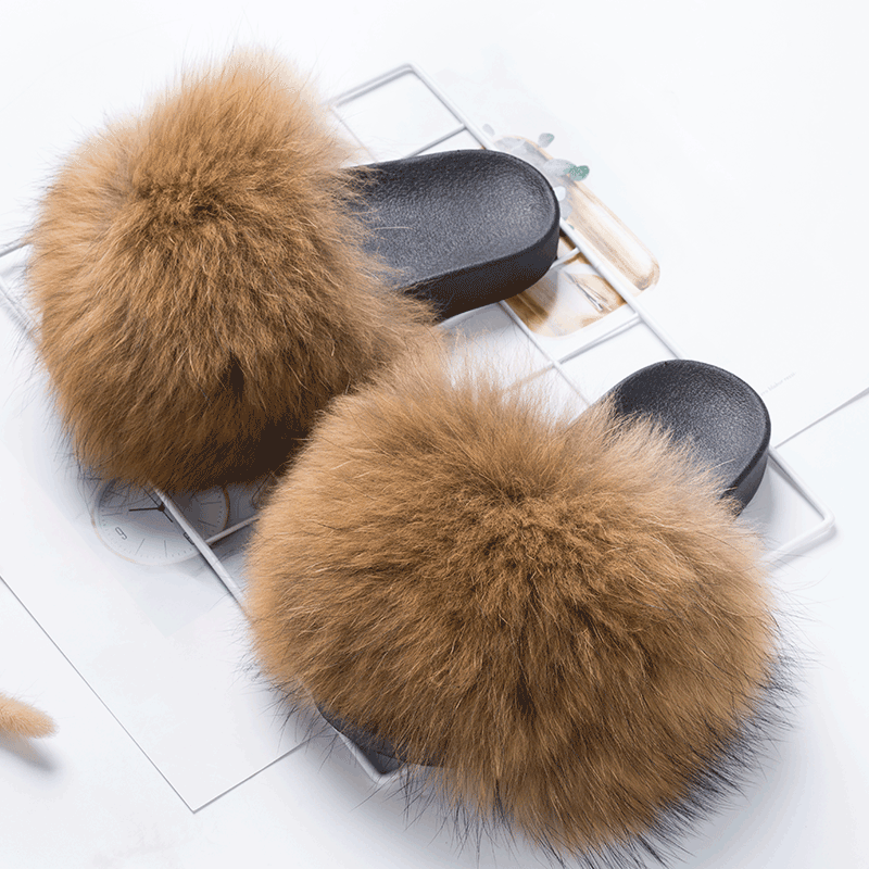 custom design logo raccoon fur women slipper and lady indoor real fox or milk fur sandals