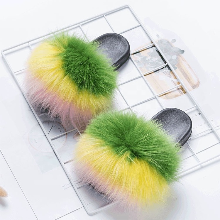 Bulk fur slides with sandals for women indoor home fur slippers