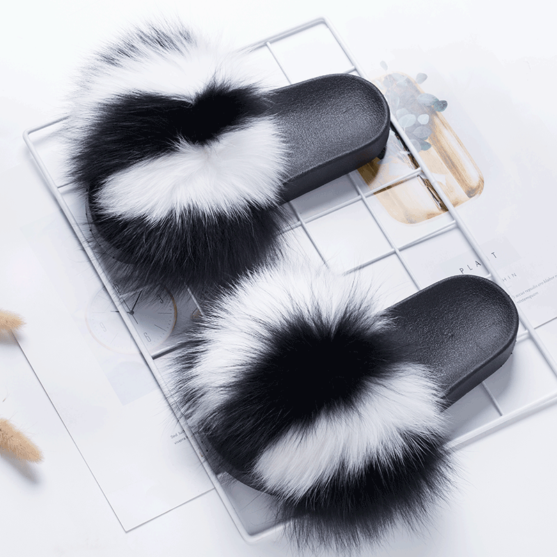 custom design logo raccoon fur women slipper and lady indoor real fox or milk fur sandals