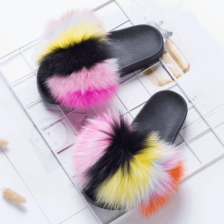 Bulk fur slides with sandals for women indoor home fur slippers