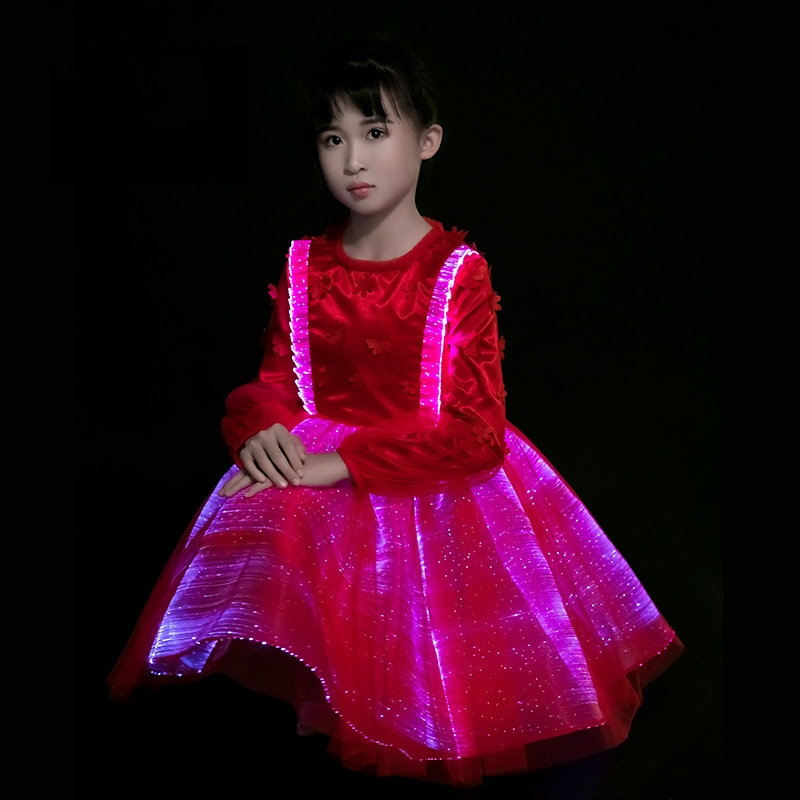 glow in the dark beautiful led light up fiber optical children dress with people's eyes on