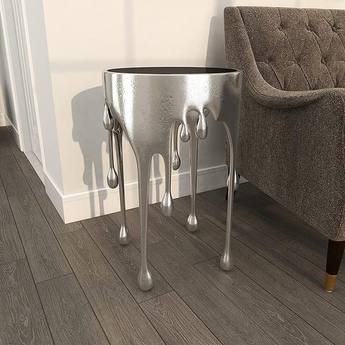 END & SIDE TABLE Aluminum Drip Accent Table with Melting Designed Legs and Shaded Glass Top, 16