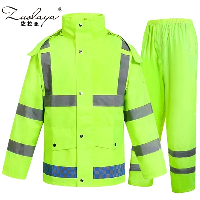 High Quality Waterproof Rain Wear Suit Hi Vis Rain Jacket With Pants Motorcycle Riders Safety Reflective Raincoat