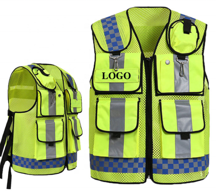 Fluorescent Security Reflective Hi Vis Road Safety Working Vest With Multi Pockets With Logo Printed