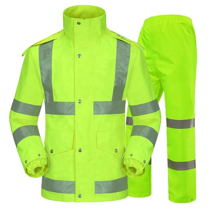 High Quality Waterproof Rain Wear Suit Hi Vis Rain Jacket With Pants Motorcycle Riders Safety Reflective Raincoat