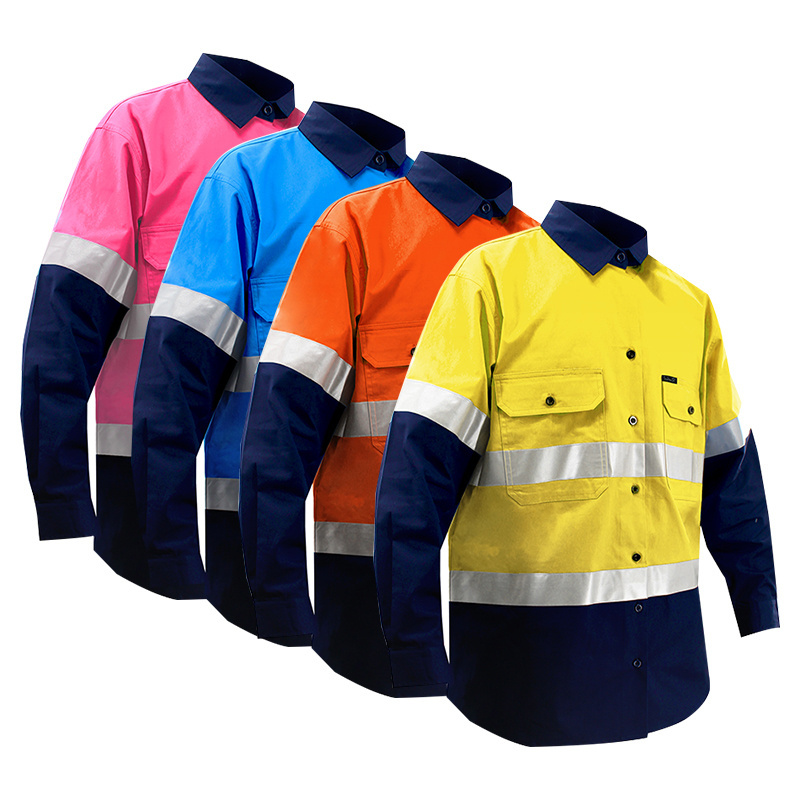 Two Tone Cotton Workwear Shirts Hivis Safety Work Shirt Reflector Men Long Sleeve Work Wear Custom Logo