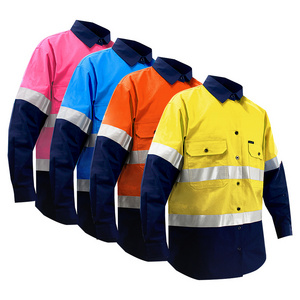 Two Tone Cotton Workwear Shirts Hivis Safety Work Shirt Reflector Men Long Sleeve Work Wear Custom Logo