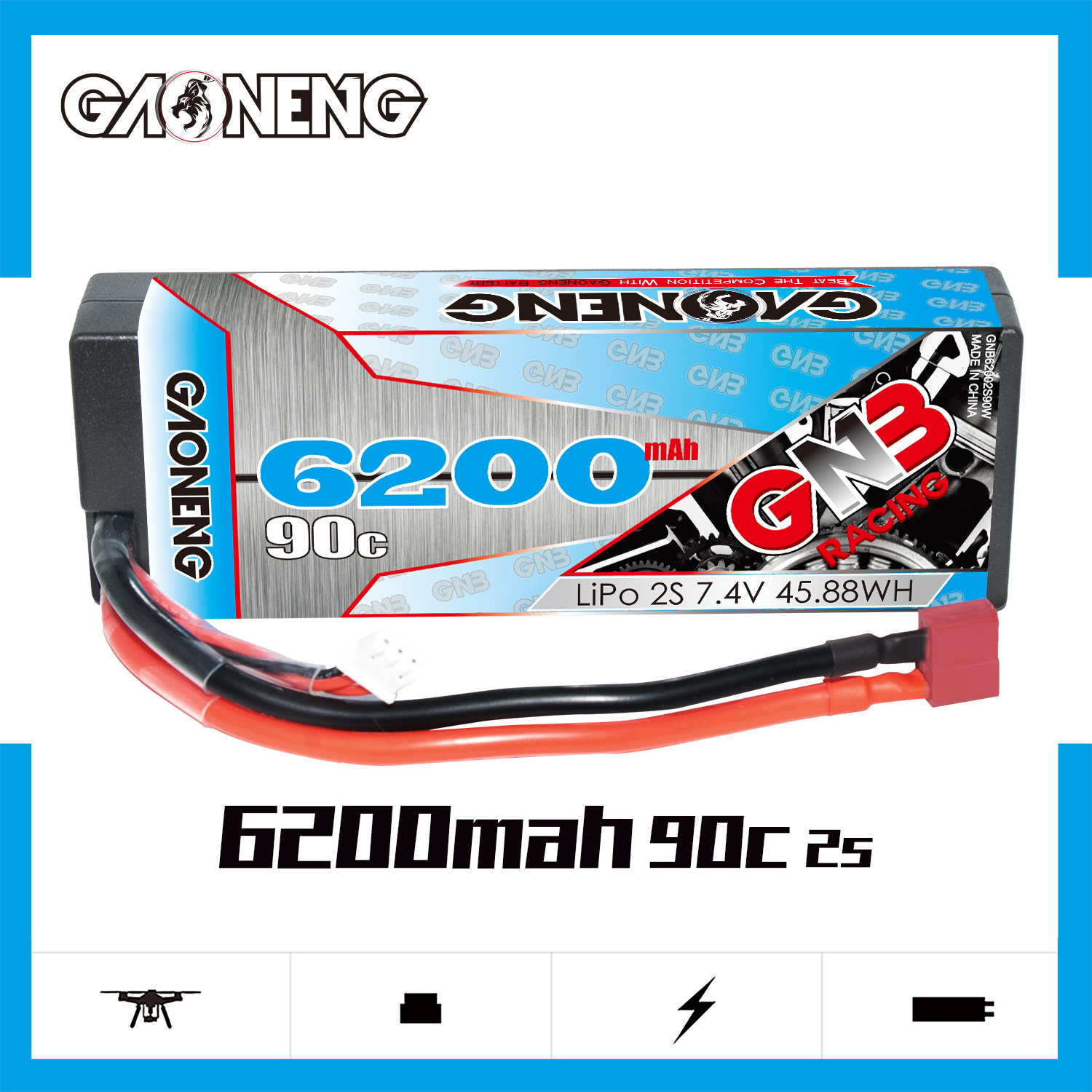 2023 News GNB GAONENG 6200MAH 2S 7.4V 90C T-PLUG RC LiPo Battery Cabled Hard Case Stick Pack 1:10 1/10 Racing Car Boat Hobby