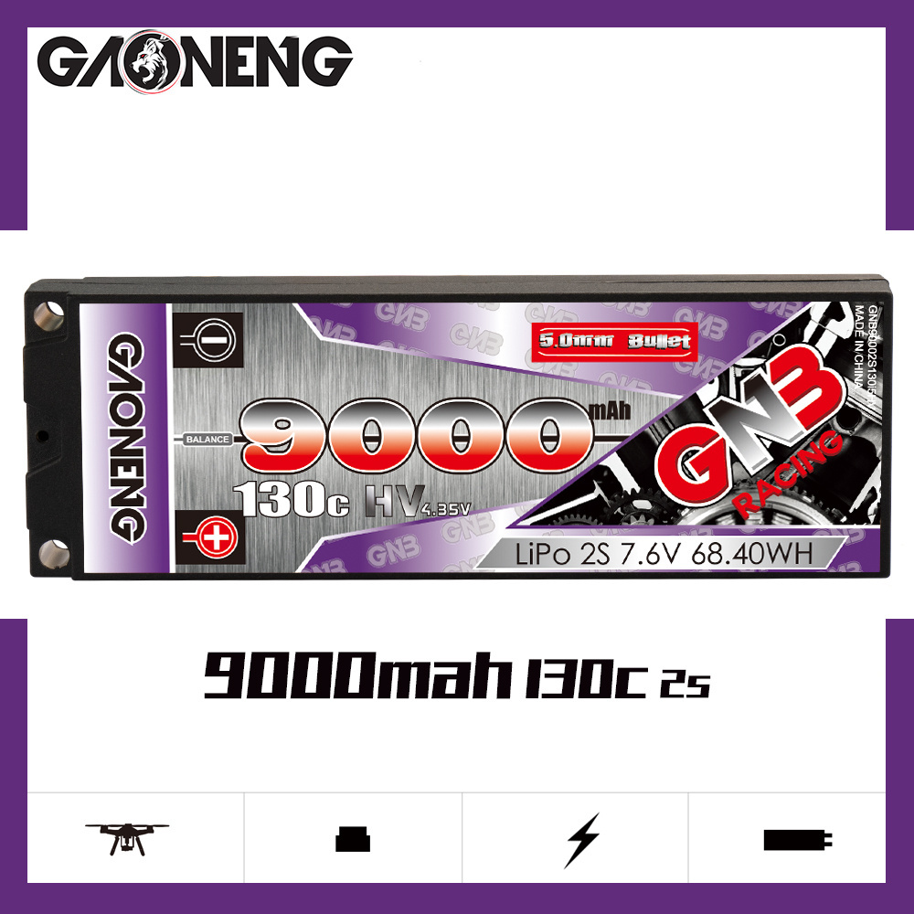 GNB GAONENG 9000MAH 2S 7.6V 130C Hard Case 5.0mm Built-in Bullet RC LiPo Battery Pack 1:10 1/10 RC Car Truck Boat Race HV LiHV