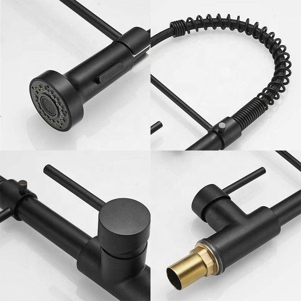 Kitchen Faucet Commercial Solid Brass Single Handle Single Lever Pull Down Sprayer Spring Kitchen Sink Faucet, Matte Black 9009R