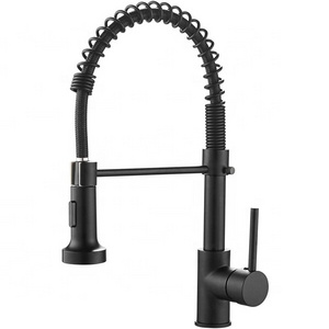 Kitchen Faucet Commercial Solid Brass Single Handle Single Lever Pull Down Sprayer Spring Kitchen Sink Faucet, Matte Black 9009R