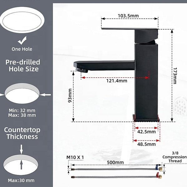 NZMAN Water Saving Bathroom Tap, Matt Black Square Bathroom Sink Tap,  Stainless Steel Tap Bathroom Mixer Tap Bathroom Tap