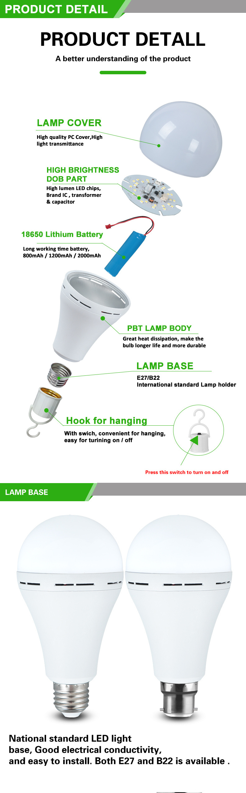 Intelligent 9 Watt Emergency Bulb Rechargeable Light E26 B22 E27 Battery Operated Led Light Bulb For Home