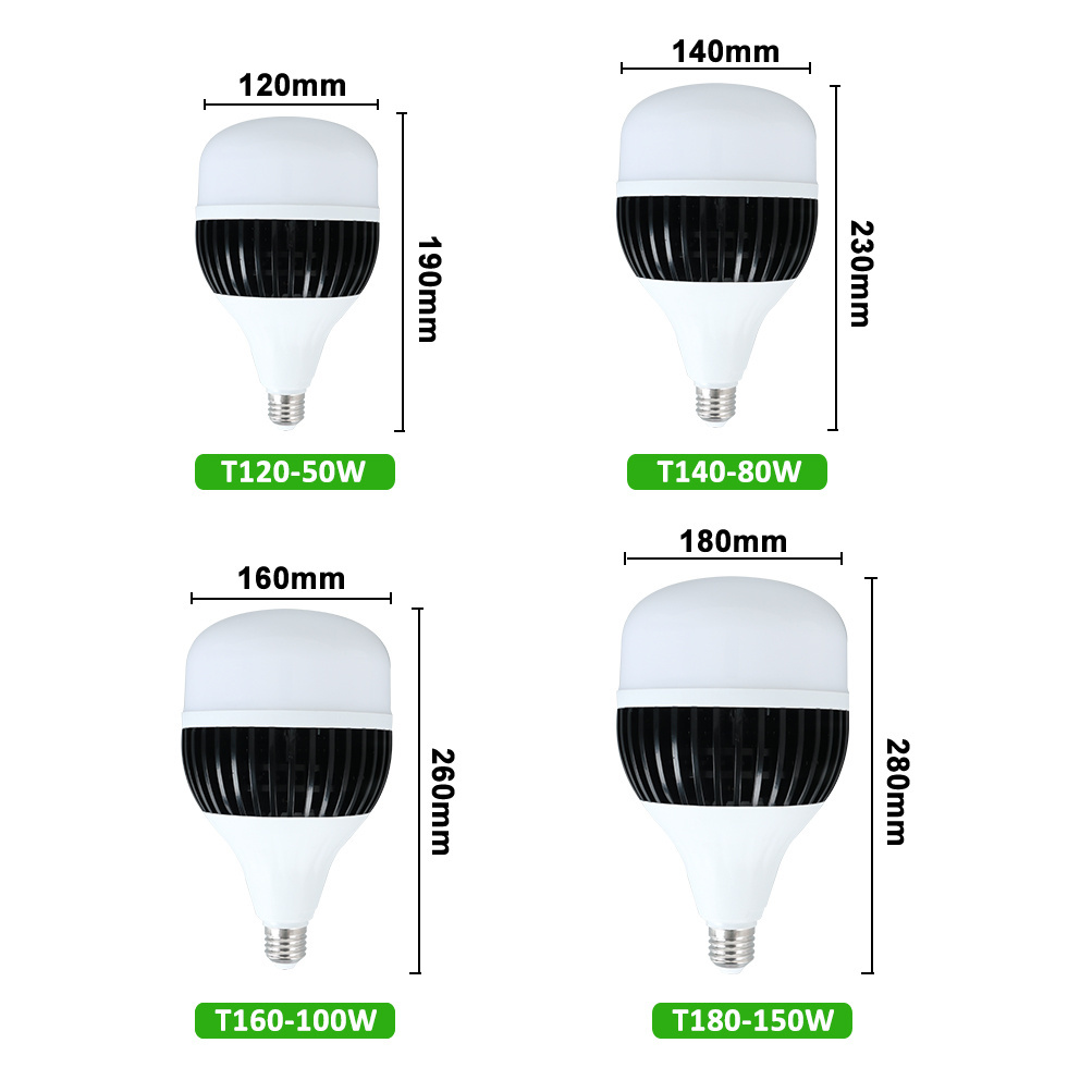 High Power Big Bulbs Milkly Cover E27 E40 Big T70 T80 T100 T120 T140 Series Brightest Aluminum T Shape Led Bulb