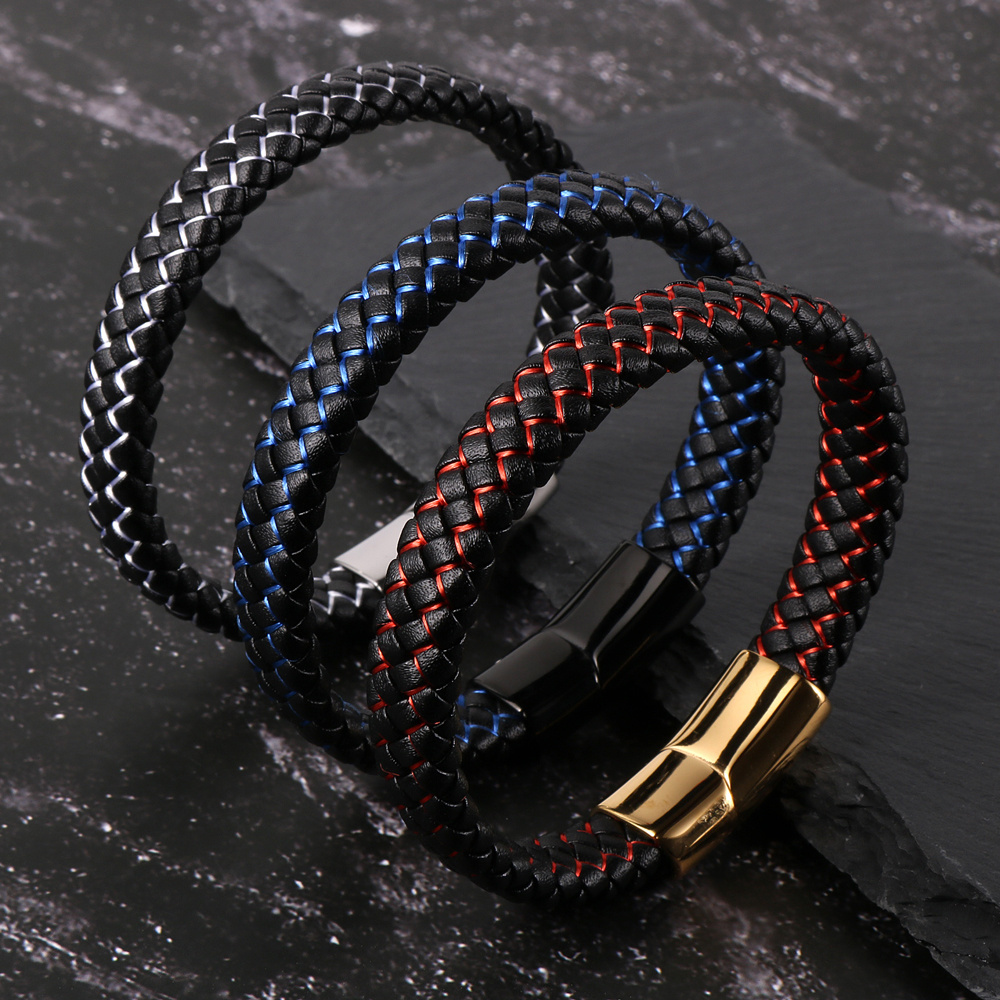 New Design Stainless Steel Magnetic Clasp Cuff Wristband Black Steel Wire Braided Genuine Plain Leather Bracelets for Men