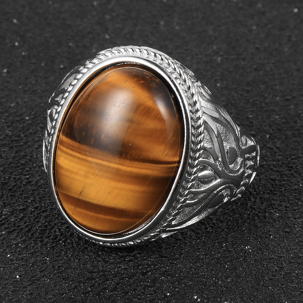 13*18mm Natural Stone Tiger Eye Blue Agate 925 Silver Plated Cupronickel Adjustable Rings for Women Men