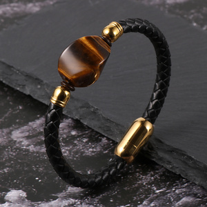 Natural Tiger Eye Crystal Gemstone Charm Bracelet Braided Bangle Bracelets Men Genuine Leather Bracelet Stainless Steel Clasp