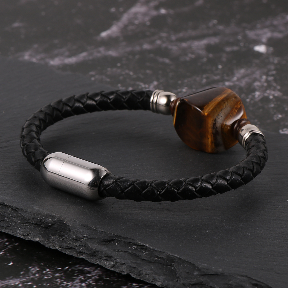 Natural Tiger Eye Crystal Gemstone Charm Bracelet Braided Bangle Bracelets Men Genuine Leather Bracelet Stainless Steel Clasp