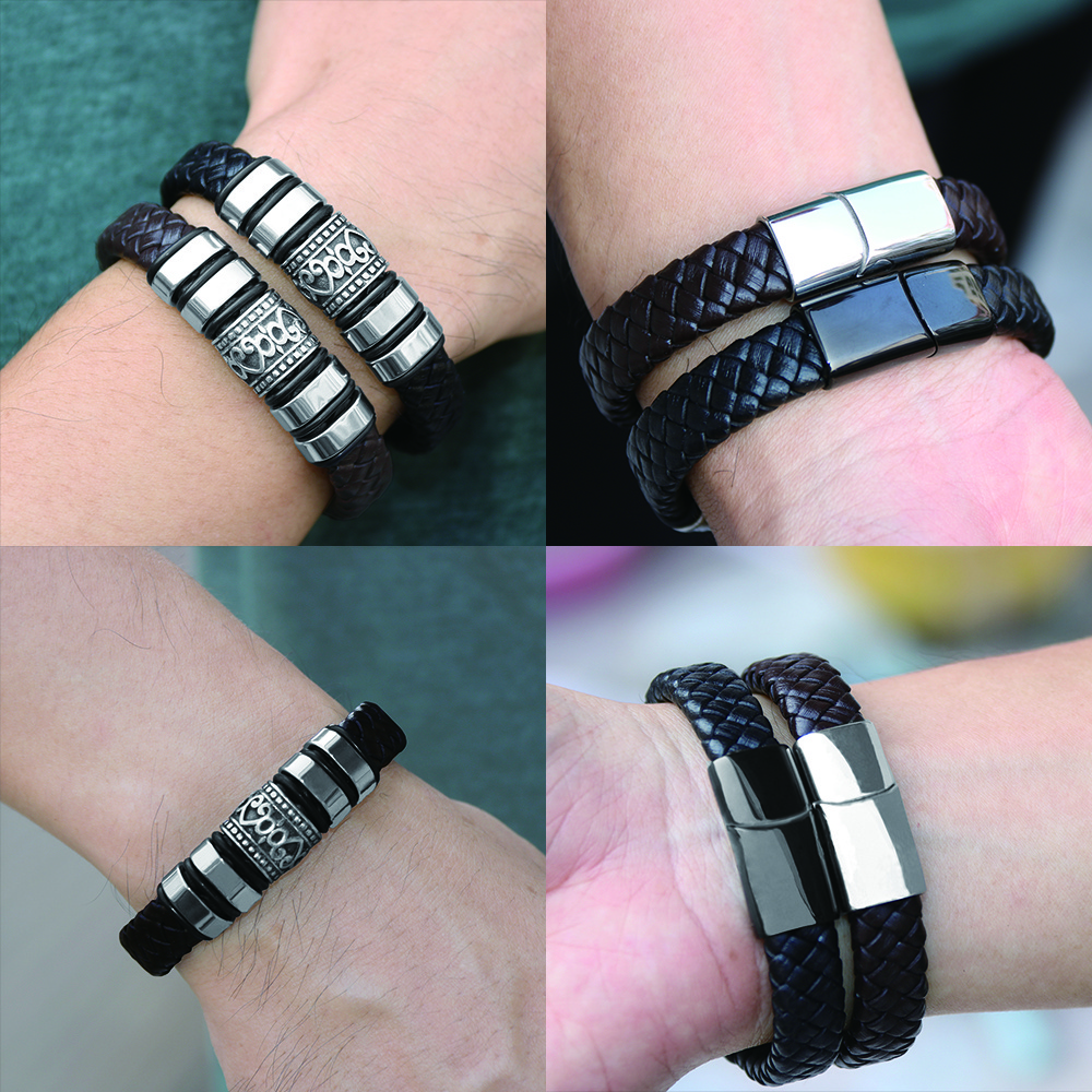 Vintage Men Pulseras Jewelry Homme Wristband Stainless Steel Beads Charm Black Brown Wide Genuine Leather Bracelets for Man