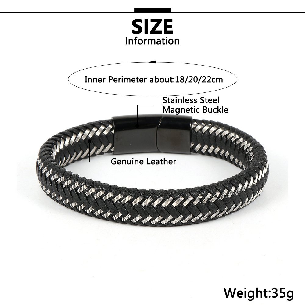 New Design Stainless Steel Magnetic Clasp Cuff Wristband Black Steel Wire Braided Genuine Plain Leather Bracelets for Men