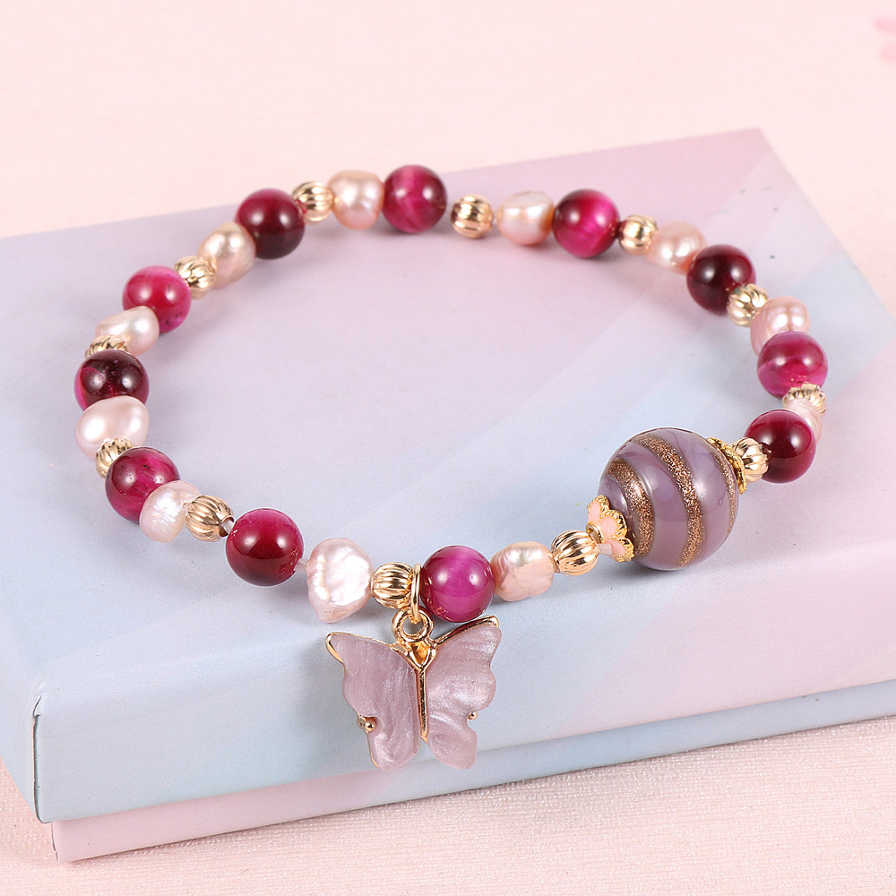 Korean Fashion Freshwater Pearl Natural Gemstone Crystal Amethyst Glass Beads Stretch Butterfly Charm Bracelet For Women Girls