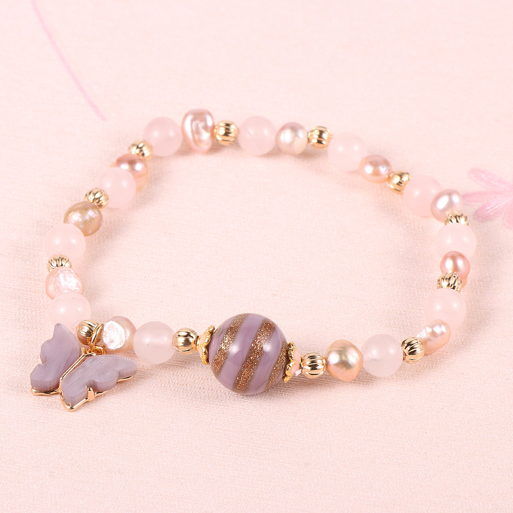 Korean Fashion Freshwater Pearl Natural Gemstone Crystal Amethyst Glass Beads Stretch Butterfly Charm Bracelet For Women Girls