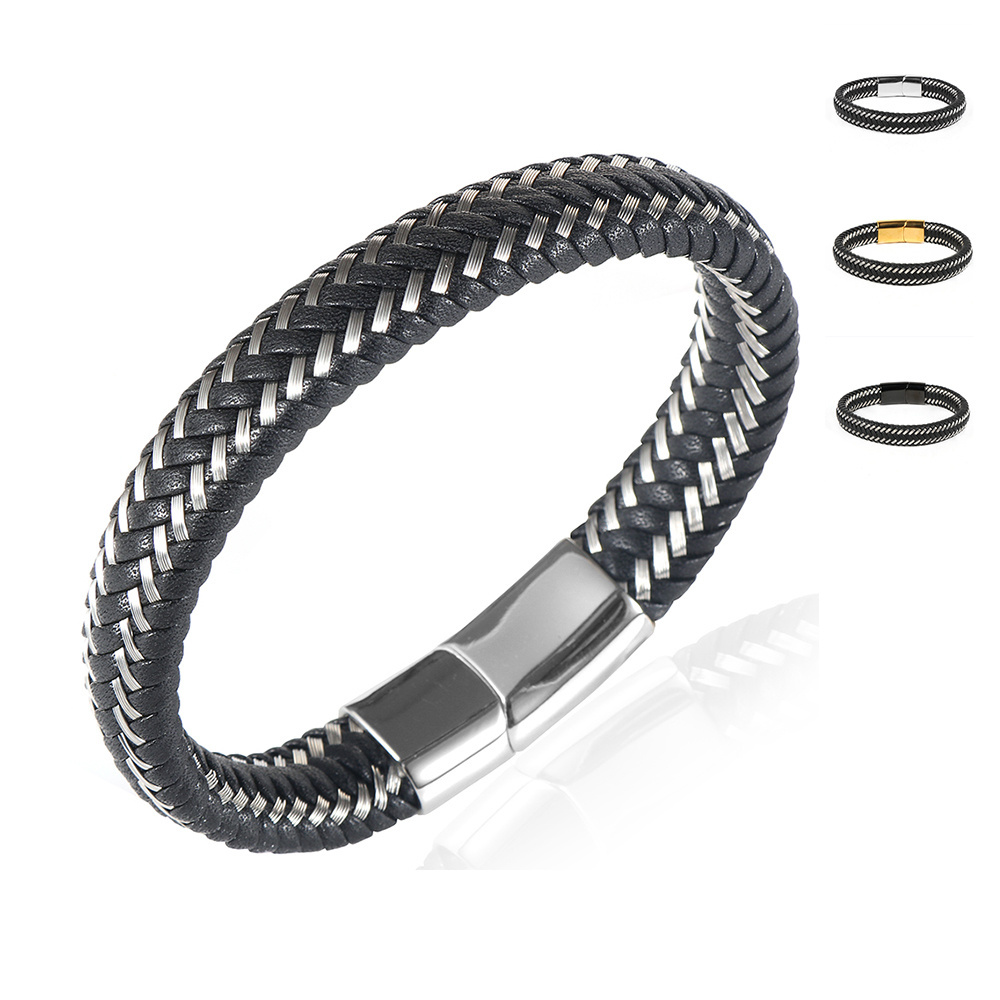 New Design Stainless Steel Magnetic Clasp Cuff Wristband Black Steel Wire Braided Genuine Plain Leather Bracelets for Men