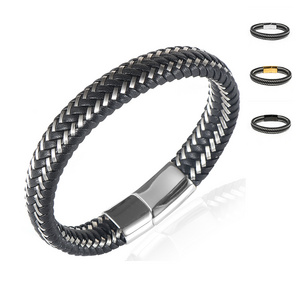 New Design Stainless Steel Magnetic Clasp Cuff Wristband Black Steel Wire Braided Genuine Plain Leather Bracelets for Men