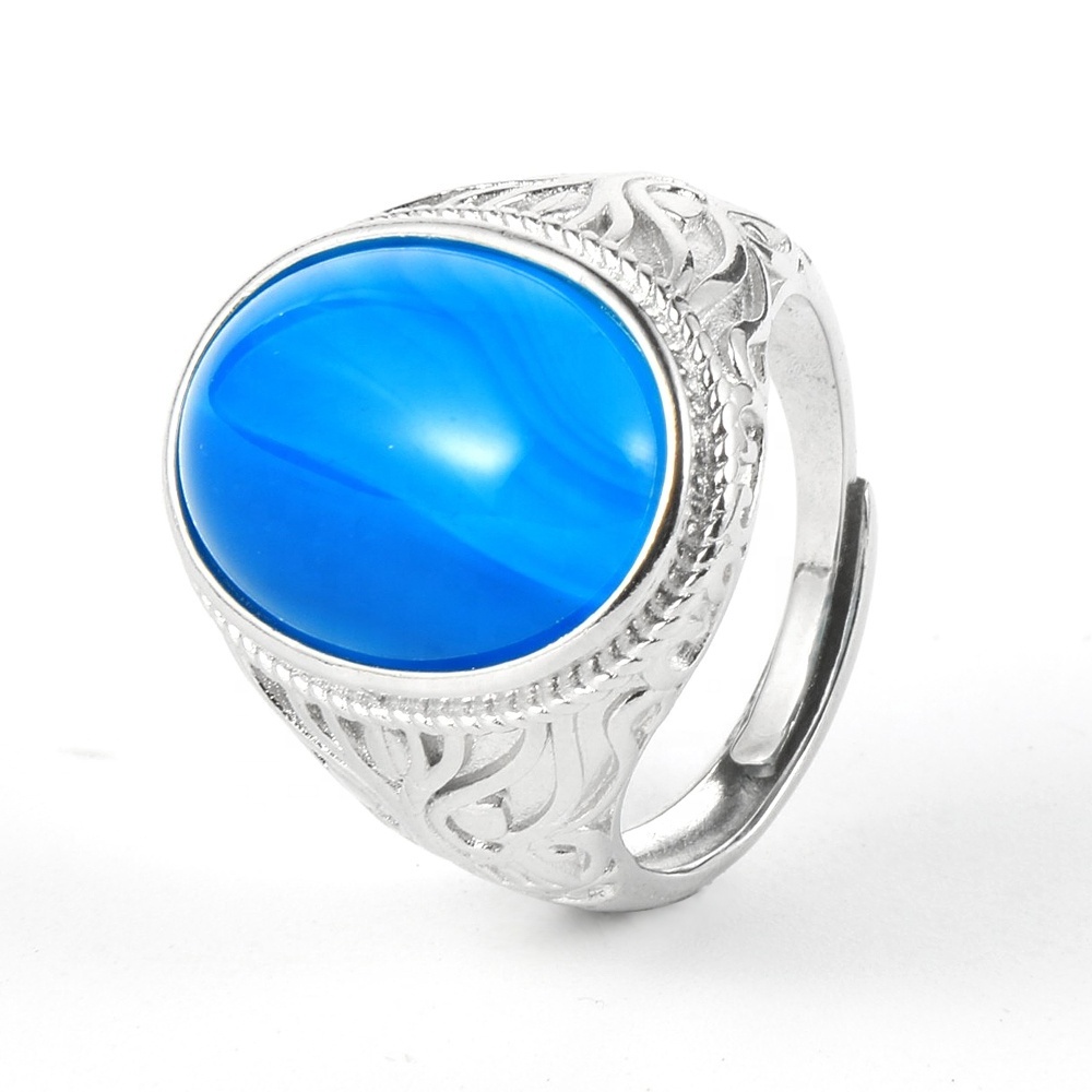 13*18mm Natural Stone Tiger Eye Blue Agate 925 Silver Plated Cupronickel Adjustable Rings for Women Men