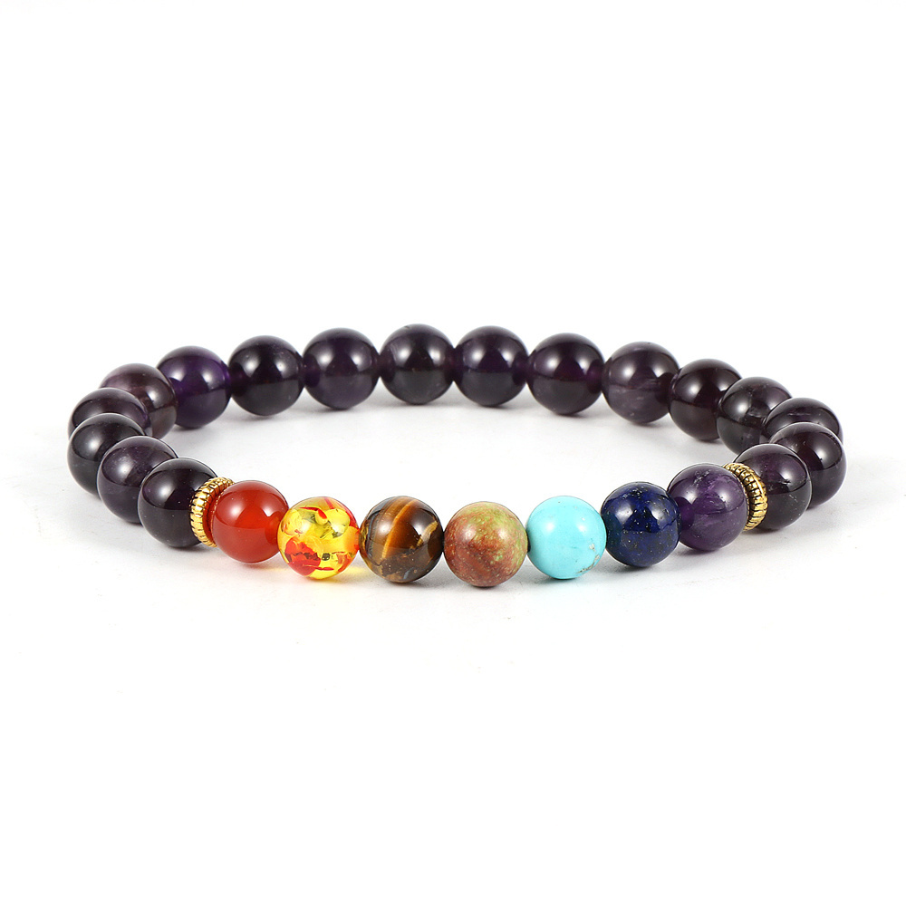 Rock Mala Bead Elastic Natural Gemstone Black Lava Stone Bracelet Healing Amethyst Crystals Stretch 7 Chakra Diffuser Bracelets