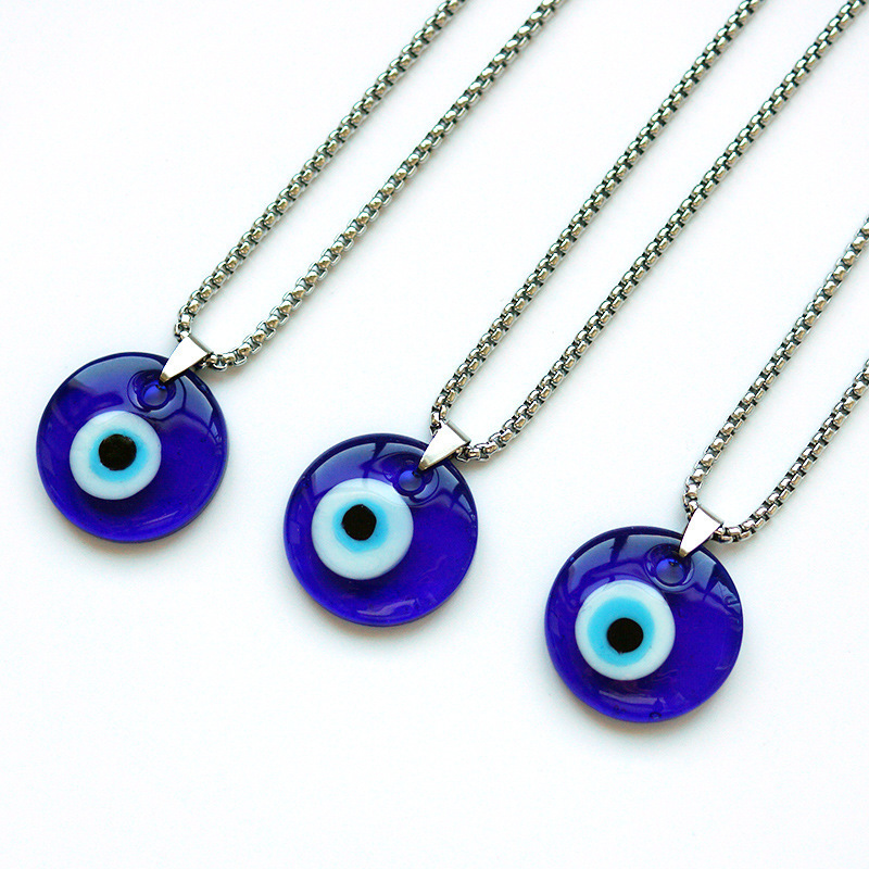 Simple Style Turkish Blue Eye Shape Accessories Stainless Steel Chain Pendant Necklace For Woman